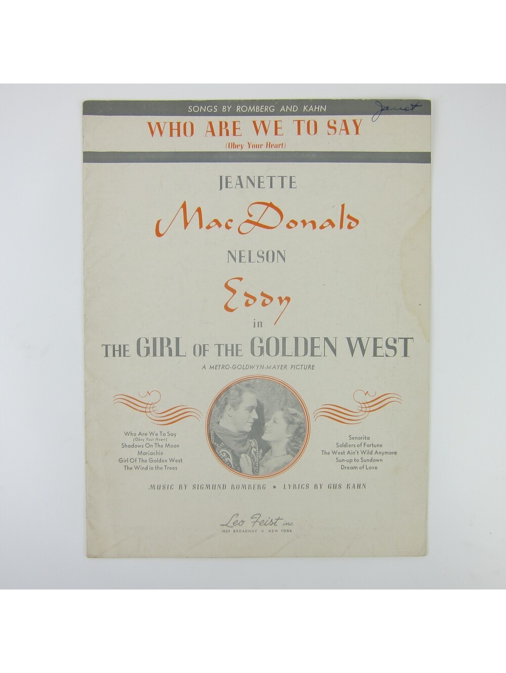 Sheet Music Who Are We To Say Girl of the Golden West Jeanette MacDonald 1938